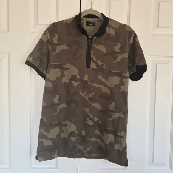 Zara Other - Zara Man Camo Quarter Zip Polo Mens Large Green Brown Short Sleeve Gorpcore